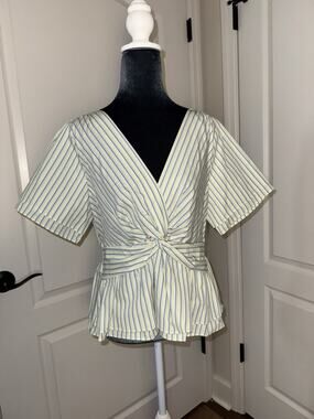 Derek Lam 10 Crosby Size 8 Caspien Striped Twist-Front Peplum Blouse Cotton NWT